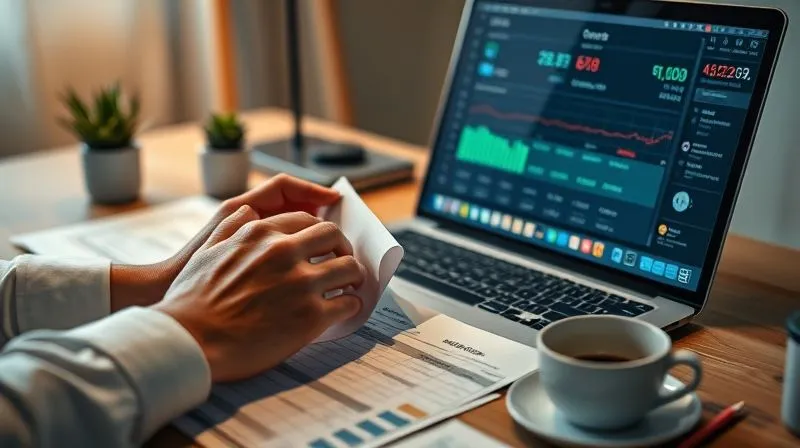A photorealistic, professional photography, 8K, cinematic lighting, sharp focus, depth of field, shot on a high-end DSLR, of a person's hands meticulously organizing financial documents and reviewing a laptop screen displaying credit scores and alerts. The desk is neat and organized, with a cup of coffee and a small plant, conveying a sense of calm diligence and proactive financial management. The lighting is soft and inviting, highlighting the focused task.