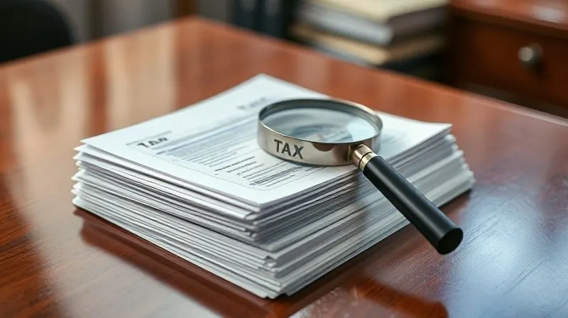 A photorealistic image of a stack of neatly organized tax documents and receipts on a polished wooden desk, with a magnifying glass resting on top, cinematic lighting, sharp focus on the documents, depth of field blurring the background, 8K hyper-detailed, professional photography.