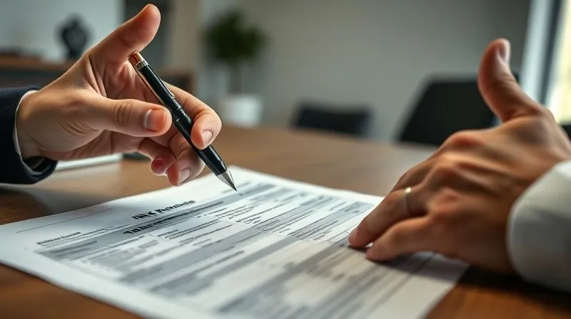 A photorealistic close-up of two hands, one holding a pen poised over a complex IRS form, the other gesturing slightly as if explaining, in a professional office setting with muted background, cinematic lighting, sharp focus on the hands and form, depth of field blurring the background, 8K hyper-detailed, professional photography.