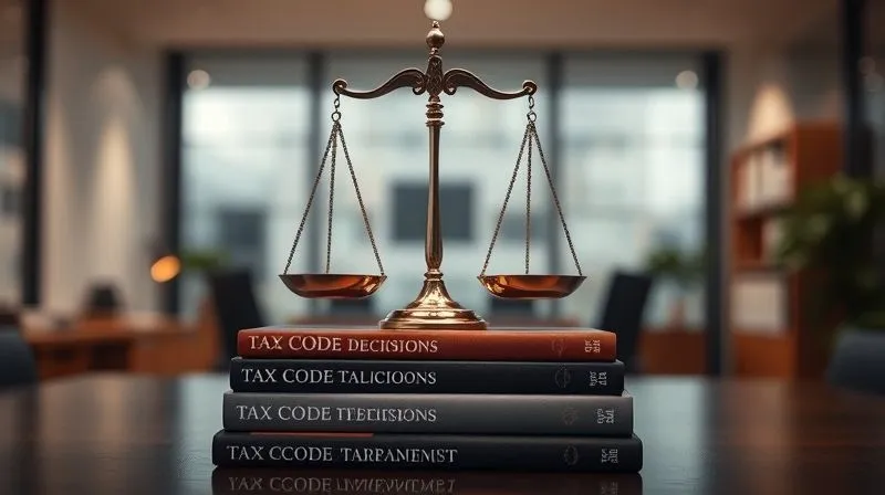A photorealistic image of a legal scale perfectly balanced on a stack of tax code books, set against a backdrop of a blurred, modern office interior, conveying fairness and the weight of legal decisions, cinematic lighting, sharp focus on the scale and books, depth of field, 8K hyper-detailed, professional photography.