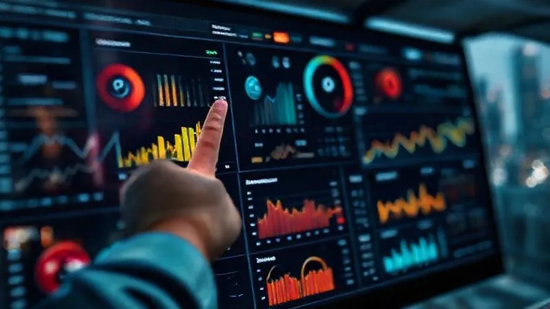 A photorealistic, professional photography, 8K, cinematic lighting, sharp focus, depth of field, shot on a high-end DSLR, of a digital dashboard displaying various risk metrics and heatmaps, with a hand pointing to a rising risk indicator. The background is a blurred cityscape, symbolizing global operations.