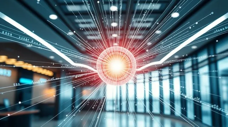 A photorealistic image of intertwined digital data streams converging into a single, glowing central orb, representing data integration, against a backdrop of a modern bank interior, cinematic lighting, 8K, sharp focus, depth of field, shot on a high-end DSLR.