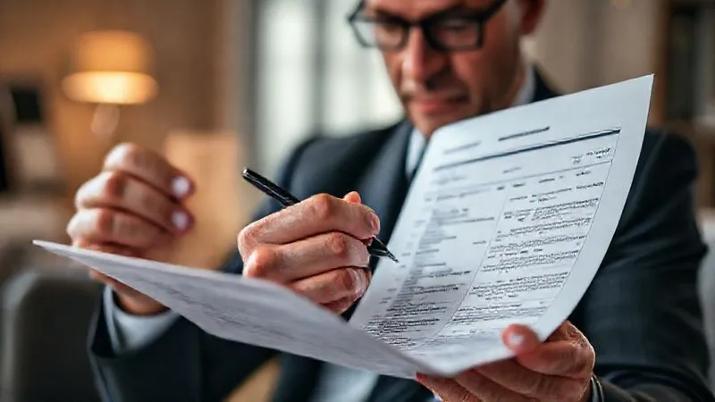 Photorealistic, professional photography, 8K, cinematic lighting, sharp focus, depth of field, shot on a high-end DSLR, a person with a thoughtful expression reading a complex bank statement or policy document, a pen in hand, perhaps highlighting key sections, in a professional yet approachable setting, emphasizing careful review.