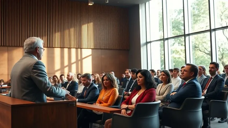 photorealistic, professional photography, 8K, cinematic lighting, sharp focus, depth of field, shot on a high-end DSLR, a diverse group of community members and business professionals seated in a modern council chamber, attentively listening to a speaker at a podium, light streaming through large windows, conveying civic engagement and important decision-making.