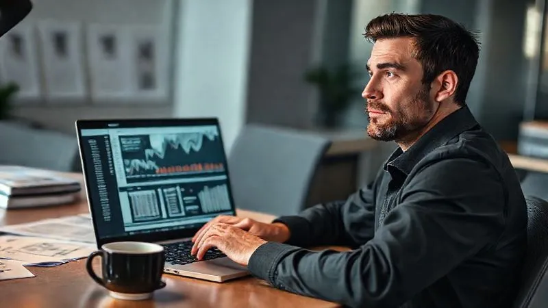 A photorealistic, professional photography, 8K, cinematic lighting. A startup founder, looking thoughtful but determined, sitting at a desk with a complex financial model open on a laptop, surrounded by neatly organized data printouts and a cup of coffee. The setting is a modern, minimalist office. Sharp focus on the founder's face and the laptop screen, depth of field blurring the background. Shot on a high-end DSLR.