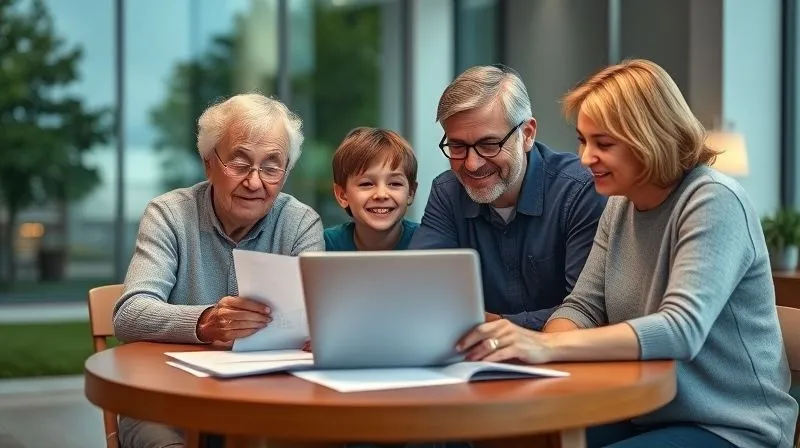 A photorealistic image showing a multi-generational family (grandparents, parents, student) happily gathered around a table, reviewing financial documents and a laptop, with a subtle overlay of a college campus in the background. Cinematic lighting, sharp focus, depth of field, 8K hyper-detailed, professional photography, shot on a high-end DSLR.