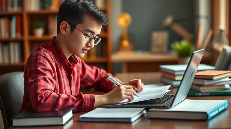 A photorealistic image of a student sitting at a desk, surrounded by books and a laptop, diligently filling out scholarship applications. A trophy or medal is subtly visible in the background, symbolizing achievement. Cinematic lighting, sharp focus on the student and applications, depth of field blurring the background, 8K hyper-detailed, professional photography, shot on a high-end DSLR.