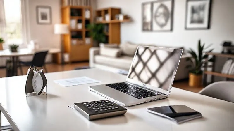 Photorealistic image of a modern, well-organized home office setup with a clear distinction between professional workspace and personal living area. A laptop is open on a sleek desk, surrounded by business documents, a financial calculator, and a calendar, with a subtle hint of a comfortable, yet separate, living space in the softly blurred background. Cinematic lighting, sharp focus on the desk, depth of field. Professional photography, 8K hyper-detailed, shot on a high-end DSLR.