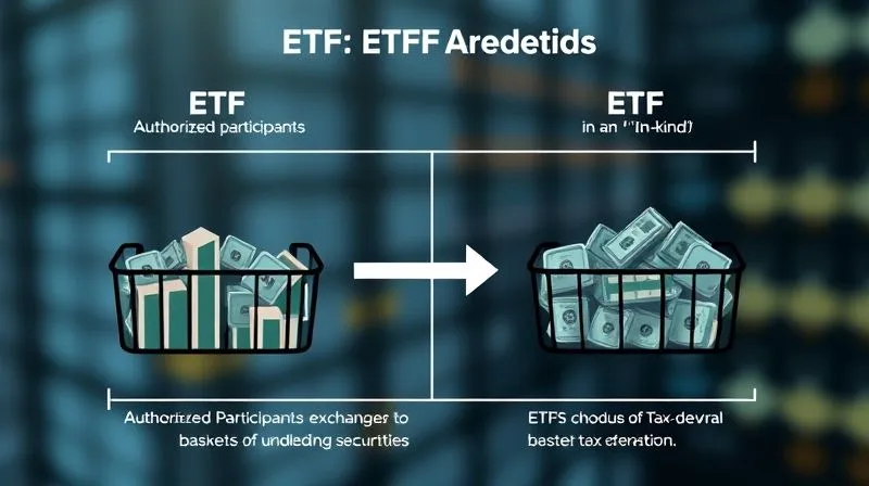 A photorealistic infographic illustrating the ETF creation and redemption mechanism, showing authorized participants exchanging ETF shares for baskets of underlying securities in an 'in-kind' transaction, with arrows indicating the flow of assets and the tax-deferral benefit, clean and professional design, cinematic lighting, sharp focus, depth of field, 8K hyper-detailed, professional photography, shot on a high-end DSLR.