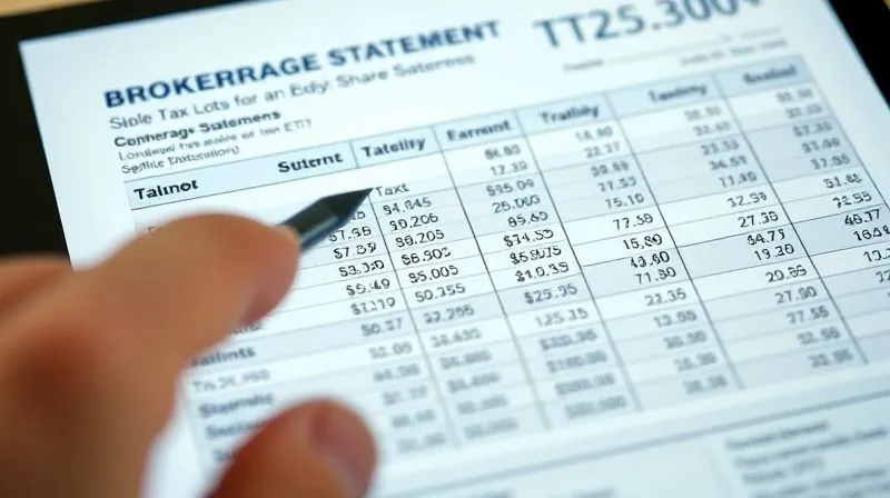 A photorealistic close-up of a digital brokerage statement displaying multiple tax lots for a single ETF, with a hand holding a stylus pointing to specific rows, highlighting the concept of specific share identification for tax purposes, clear data visualization, cinematic lighting, sharp focus, depth of field, 8K hyper-detailed, professional photography, shot on a high-end DSLR.