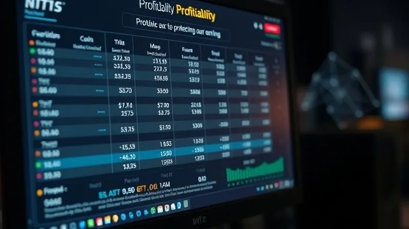 A photorealistic image of a computer screen displaying a complex cryptocurrency profitability calculator with various coin options and their projected earnings, overlaid with a subtle blockchain network graphic in the background. Cinematic lighting, 8K, sharp focus on the data, depth of field.