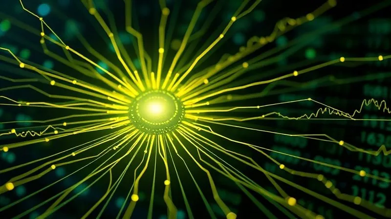 Photorealistic image of multiple data lines converging into a central glowing node, representing various mining rigs connecting to a robust and efficient mining pool. The node is surrounded by subtle digital graphs showing stable payouts. Cinematic lighting, 8K, sharp focus, depth of field.