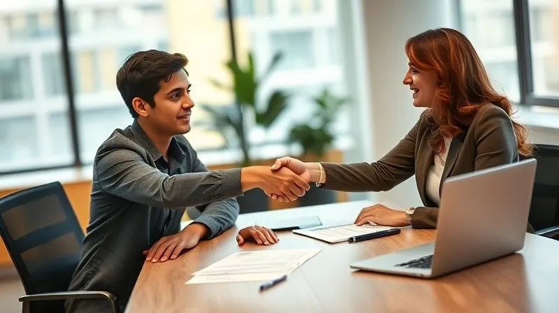 A photorealistic image of a student confidently shaking hands with a financial aid advisor across a desk, with documents and a laptop open. The atmosphere is professional and collaborative, symbolizing a successful negotiation. Professional photography, 8K, cinematic lighting, sharp focus on the handshake, depth of field blurring the background, shot on a high-end DSLR.
