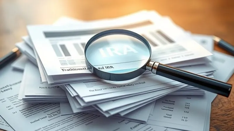 photorealistic, professional photography, 8K, cinematic lighting, sharp focus, depth of field, shot on a high-end DSLR. A diverse collection of financial documents and account statements (representing Traditional IRA, Roth IRA, Taxable Brokerage) neatly stacked, with a magnifying glass hovering over them, emphasizing scrutiny and strategic planning. Soft, warm light illuminates the documents, creating a sense of clarity and organization.