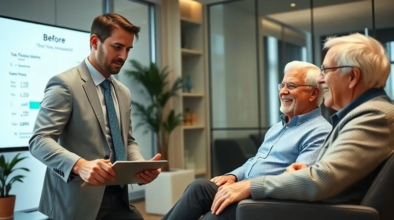 photorealistic, professional photography, 8K, cinematic lighting, sharp focus, depth of field, shot on a high-end DSLR. A financial advisor (male, 50s, professional attire) is pointing to a complex financial projection on a tablet screen, showing 'Before' and 'After' tax scenarios for retirement income. A smiling retired couple (60s) sits across from him, looking relieved and engaged. The scene is in a modern, well-lit office, conveying trust and clear communication.