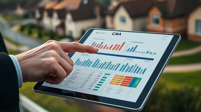 A photorealistic image of a detailed comparative market analysis (CMA) report open on a tablet, with overlaid data visualizations like bar graphs and heatmaps showing property values, a professional hand pointing to key figures, cinematic lighting, sharp focus on the data, depth of field blurring a residential neighborhood in the background, 8K hyper-detailed.