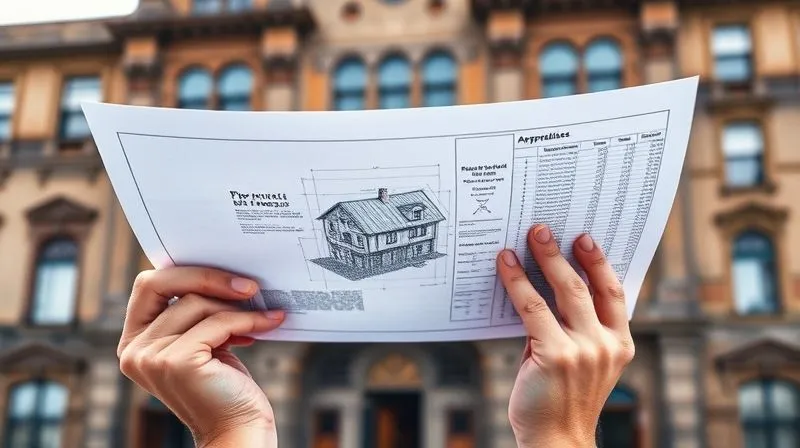 A photorealistic, professional photography shot of hands carefully holding a vintage architectural drawing or blueprint, juxtaposed with a modern property appraisal document or spreadsheet. Soft, cinematic lighting highlights the contrast between old and new, sharp focus on the documents, depth of field blurring a historic building in the background. 8K hyper-detailed, shot on a high-end DSLR.