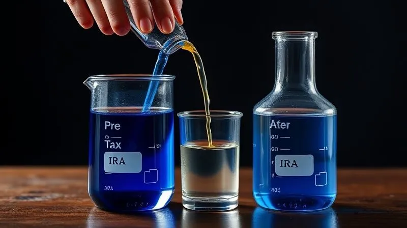 A photorealistic image of two glass beakers, one filled with dark blue liquid (representing pre-tax IRA funds) and another with clear liquid (after-tax funds). A hand is pouring from both into a third, smaller beaker (Roth conversion), demonstrating a proportional mix. Professional photography, 8K, cinematic lighting, sharp focus, depth of field.