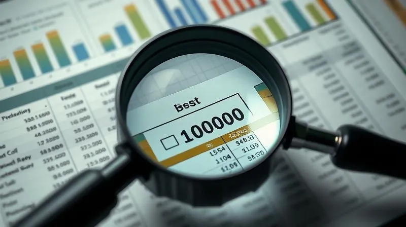 Photorealistic, professional photography, 8K, cinematic lighting, sharp focus, depth of field, shot on a high-end DSLR. A detective's magnifying glass hovering over a complex, partially erased financial spreadsheet, highlighting a specific, incorrect number, with blurred analytical charts in the background. The scene conveys meticulous investigation and problem identification.