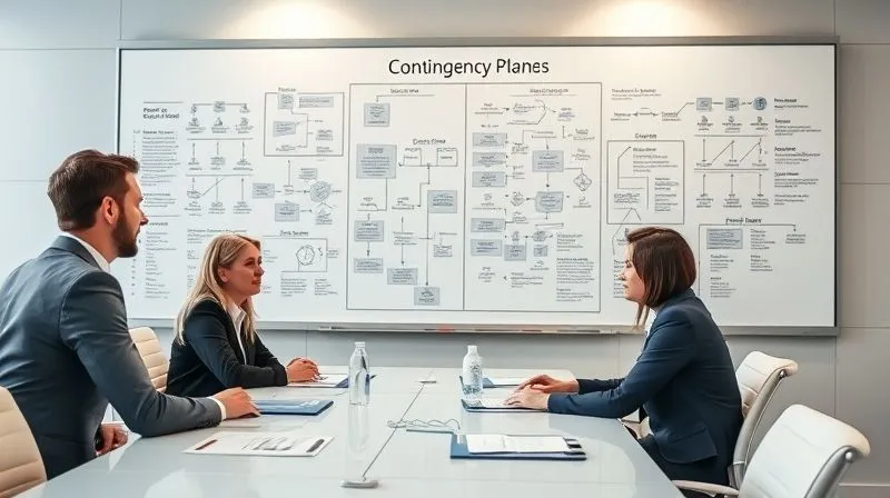 photorealistic, professional photography, 8K, cinematic lighting, sharp focus, depth of field, shot on a high-end DSLR, a strategic board room with a large whiteboard filled with complex flowcharts and 'what-if' scenarios, a group of diverse professionals intently discussing and mapping out contingency plans for a real estate project, emphasizing foresight and problem-solving.