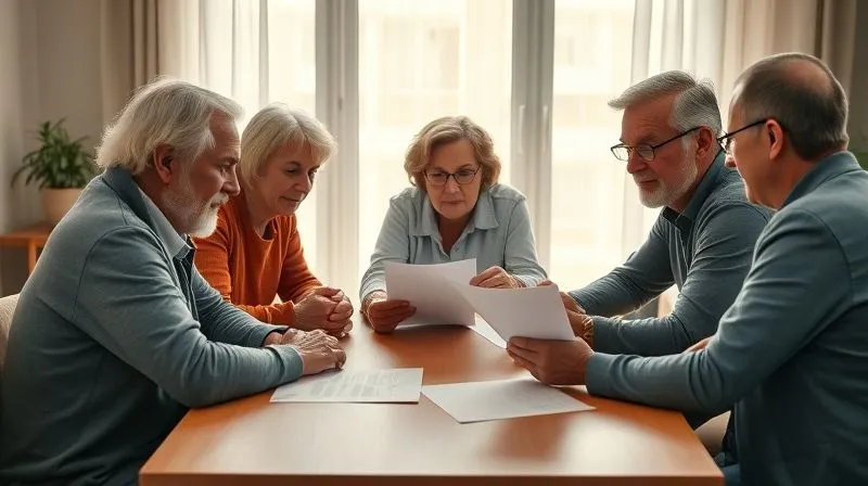 A photorealistic, professional photography, 8K, cinematic lighting, sharp focus, depth of field, shot on a high-end DSLR, depicting a diverse family (elderly parents and adult children) sitting around a table with a financial advisor, reviewing documents. The atmosphere is calm, collaborative, and reassuring, symbolizing proactive planning and support. Warm, natural light.