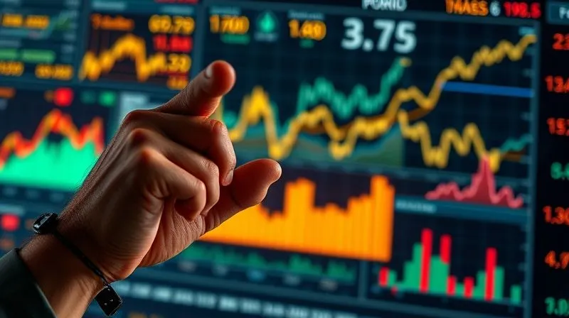 photorealistic, professional photography, 8K, cinematic lighting, sharp focus, depth of field, shot on a high-end DSLR, a weathered hand pointing at a dynamic, glowing holographic dashboard displaying various economic indicators like yield curves, stock charts, and PMI graphs, some rising, some falling, creating a visual sense of conflicting data, with a serious but thoughtful expression on the face of an unseen economist in the foreground.