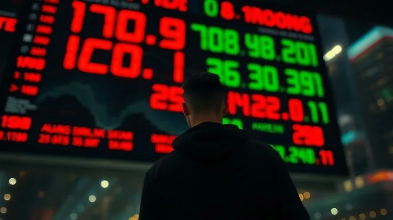 photorealistic, professional photography, 8K, cinematic lighting, sharp focus, depth of field, shot on a high-end DSLR, a dramatic, low-angle shot of a lone figure standing before a massive, fluctuating digital stock ticker displaying red and green numbers, with the figure's face partially obscured by shadow, reflecting a mix of anxiety and contemplation, against a backdrop of blurry city lights at night.