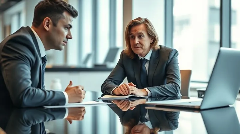 Photorealistic, professional photography, 8K, cinematic lighting, sharp focus, depth of field, shot on a high-end DSLR. A financial advisor, dressed in a sharp suit, leans forward slightly, making empathetic eye contact with a client across a polished desk. The client, looking slightly distressed but engaged, is speaking. The advisor has a notepad but is focused on listening intently, with a warm and understanding expression. Soft, professional office lighting. The background features blurred modern office elements.