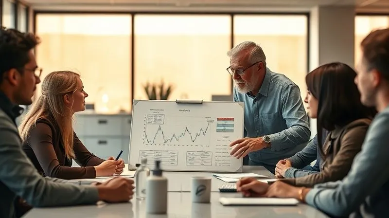 Photorealistic, professional photography, 8K, cinematic lighting, sharp focus, depth of field, shot on a high-end DSLR. A diverse group of young finance professionals and a seasoned mentor are gathered around a table in a modern office space. The mentor is gesturing towards a whiteboard with financial diagrams, explaining a complex concept, while the students listen intently, some taking notes. The atmosphere is collaborative and educational, with warm, inviting light. The background is a bright, professional office environment.
