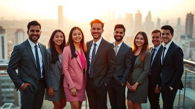Photorealistic, professional photography, 8K, cinematic lighting, sharp focus, depth of field, shot on a high-end DSLR. A diverse group of confident, professionally dressed finance students stand together on a rooftop overlooking a vibrant, modern city skyline at sunrise. They are smiling, looking towards the horizon with a sense of optimism and determination, symbolizing a bright future and readiness to tackle challenges. The light is warm and inspiring. The background is slightly blurred but clearly a bustling metropolis.