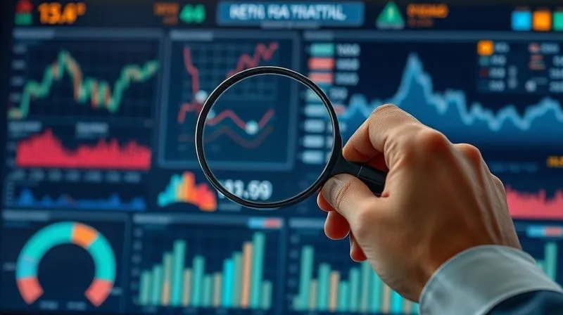 Photorealistic image of a sophisticated financial dashboard displaying various macroeconomic indicators with trend lines, some flashing subtle warnings. A pair of hands, one holding a magnifying glass, is meticulously analyzing the data. Professional photography, 8K, cinematic lighting, sharp focus on the dashboard, depth of field blurring the background, shot on a high-end DSLR.