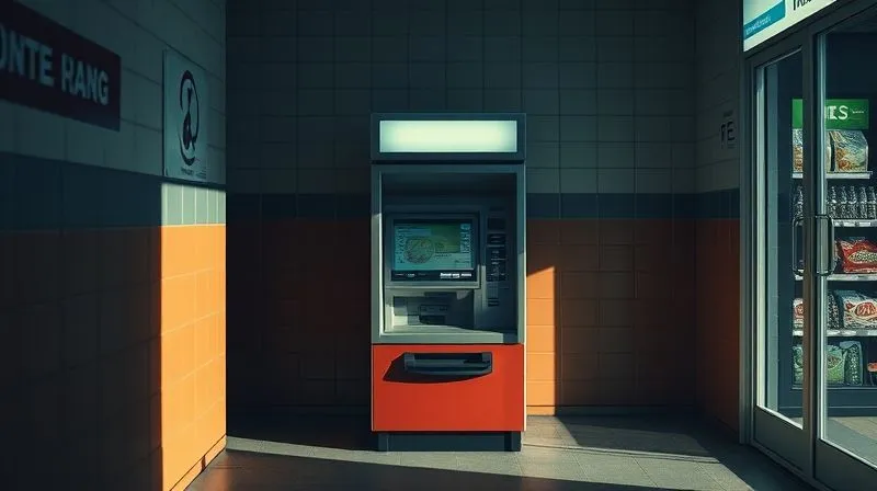 photorealistic, professional photography, 8K, cinematic lighting, sharp focus, depth of field, shot on a high-end DSLR. An older model ATM standing alone in a dimly lit, slightly isolated convenience store corner, casting long shadows. A sense of subtle vulnerability and potential for undetected tampering is conveyed, with emphasis on the machine's card reader.