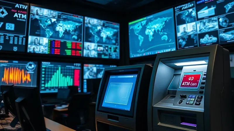 photorealistic, professional photography, 8K, cinematic lighting, sharp focus, depth of field, shot on a high-end DSLR. A bank security operations center, with multiple large screens displaying complex data visualizations, heatmaps of ATM activity, and live CCTV feeds. One screen shows an AI overlay highlighting a suspicious object on an ATM card reader, with a sense of urgency and advanced technology.