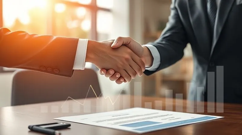 A photorealistic image of two business professionals shaking hands over a contract, with a subtle overlay of financial graphs showing positive cash flow trends. The setting is a modern, sunlit office, emphasizing collaboration and strategic agreement. Cinematic lighting, sharp focus on the handshake and contract, depth of field blurring the background. 8K hyper-detailed, professional photography, shot on a high-end DSLR.