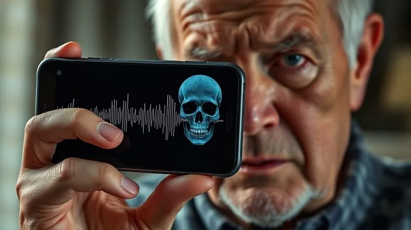 photorealistic, professional photography, 8K, cinematic lighting, sharp focus, depth of field, shot on a high-end DSLR. A close-up of a smartphone screen displaying a distorted, flickering waveform of a voice, with a subtle, menacing digital skull overlay. In the blurred background, a worried senior citizen holds the phone to their ear, their face etched with concern and confusion. The image conveys the immediate threat and emotional distress of an AI voice phishing call.