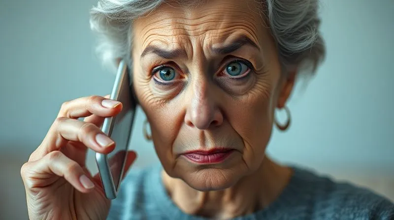 photorealistic, professional photography, 8K, cinematic lighting, sharp focus, depth of field, shot on a high-end DSLR. A senior woman holding a smartphone to her ear, her face displaying a mix of confusion, distress, and deep concern. Her eyes are wide, and her brow is furrowed, as if she's trying to process a shocking and urgent request. The background is softly blurred, emphasizing her emotional state. The image captures the psychological impact of a manipulative phone call.