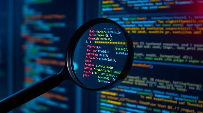 A photorealistic, professional photography, 8K, cinematic lighting, sharp focus, depth of field, shot on a high-end DSLR, showing an abstract representation of code being analyzed, with glowing data flows and highlighted potential vulnerabilities. A digital magnifying glass hovers over a section of code, symbolizing deep scrutiny. The mood is analytical and precise.