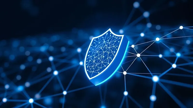 A photorealistic, professional photography, 8K, cinematic lighting, sharp focus, depth of field, shot on a high-end DSLR, showing a digital shield protecting a network of interconnected nodes, with glowing lines representing data flow. The shield has a subtle, intricate pattern resembling a blockchain ledger. The mood is protective and resilient.