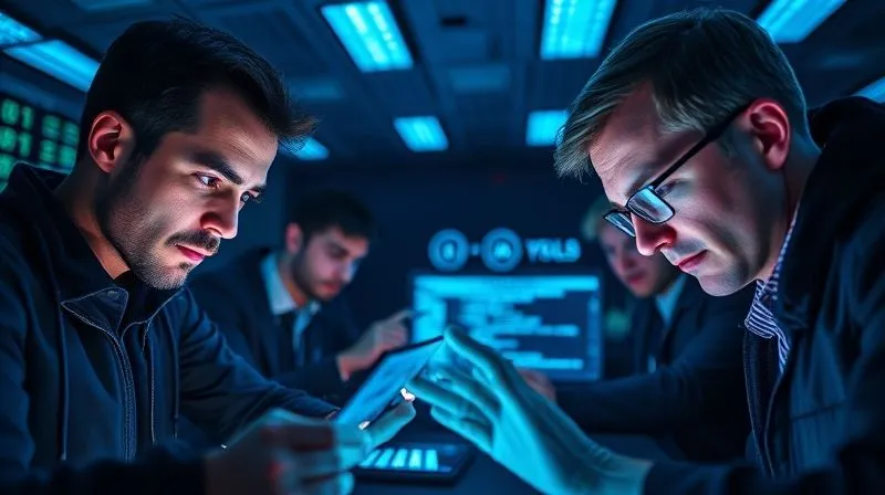 A photorealistic, professional photography of multiple cybersecurity experts meticulously reviewing lines of glowing code on holographic screens, symbolizing a multi-auditor approach to smart contract security. The room is dark with blue and green light emanating from the screens, sharp focus on their intense faces and the code, depth of field blurring the background, 8K, cinematic lighting, shot on a high-end DSLR.
