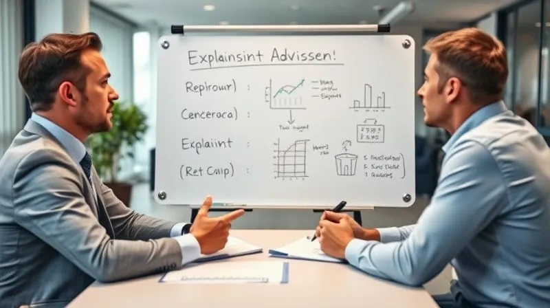 A photorealistic image of a financial advisor sitting across from a client at a modern desk, using a whiteboard with simple, clear diagrams and large text to explain a complex financial concept. The client is leaning forward, engaged and nodding. Cinematic lighting, sharp focus on the whiteboard and faces, depth of field blurring the office background. Professional photography, 8K hyper-detailed, shot on a high-end DSLR.