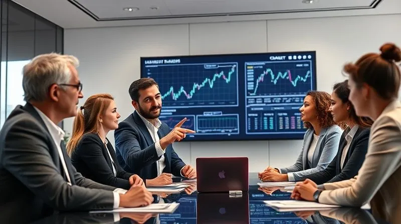 A photorealistic image of a diverse group of business professionals in a modern, sleek boardroom, deeply engaged in a strategic discussion. One person is gesturing towards a large, interactive screen displaying complex financial data. The atmosphere is collaborative and forward-thinking, 8K, cinematic lighting, sharp focus on the faces, depth of field, shot on a high-end DSLR.