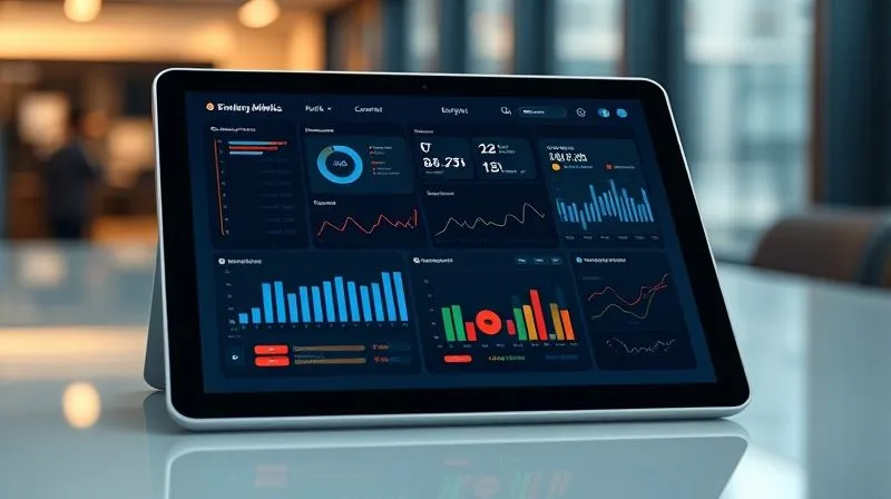 A photorealistic, close-up shot of a secure, sleek digital banking dashboard on a tablet, displaying complex financial metrics, integrated charts, and real-time data. The screen shows personalized alerts and customizable widgets, with a blurred background of a corporate office, 8K, cinematic lighting, sharp focus on the tablet screen, depth of field, shot on a high-end DSLR.