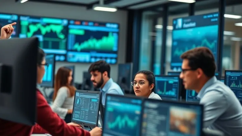 A photorealistic image of a diverse, professional banking operations team collaboratively working in a modern, open-plan office. They are focused on multiple screens displaying dashboards and data, with a sense of efficiency and smooth workflow. The lighting is bright and conducive to productivity, 8K, cinematic lighting, sharp focus on the team, depth of field, shot on a high-end DSLR.