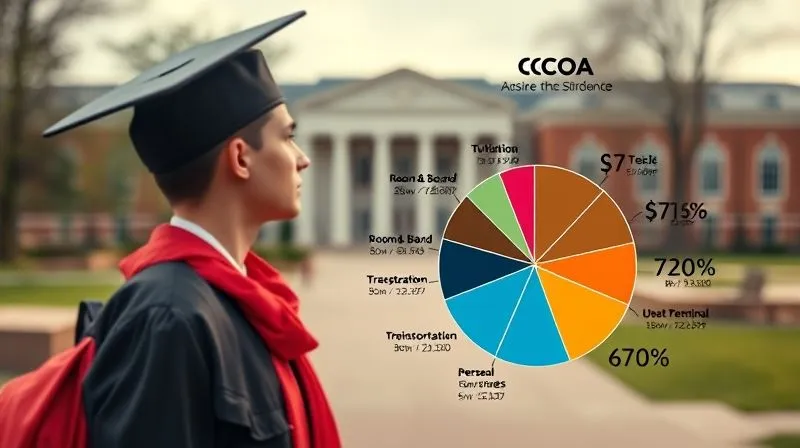 photorealistic, professional photography, 8K, cinematic lighting, sharp focus, depth of field, shot on a high-end DSLR, a detailed infographic breaking down the Cost of Attendance (COA) for a university student, showing categories like tuition, fees, room & board, books, transportation, and personal expenses, presented as a clear, segmented pie chart or bar graph with professional icons, set against a blurred university campus background, conveying clarity and financial planning.