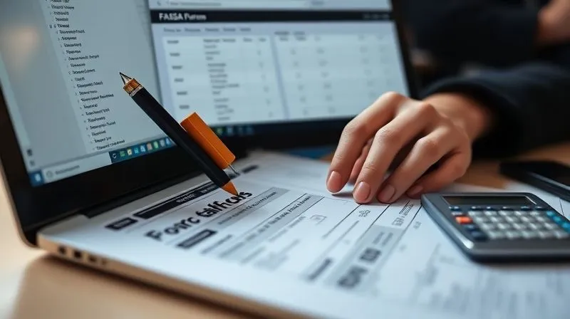 photorealistic, professional photography, 8K, cinematic lighting, sharp focus, depth of field, shot on a high-end DSLR, a close-up of a student's hands carefully filling out a FAFSA form on a laptop, with a pen and calculator nearby, the screen showing sections for income and assets, soft, focused lighting highlighting the importance of accuracy and detail, a sense of diligent financial planning.