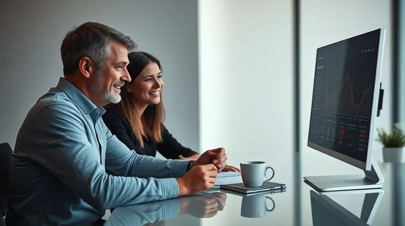 Photorealistic, professional photography, 8K, cinematic lighting, sharp focus, depth of field, shot on a high-end DSLR. Two individuals, one slightly older and one younger, sitting at a modern desk reviewing a financial dashboard on a sleek monitor. Their expressions are focused and collaborative, with subtle smiles of understanding and agreement. A cup of coffee and a notebook are on the desk, indicating a thoughtful, planned discussion. The background is a softly blurred, minimalist office, conveying professionalism and clarity.