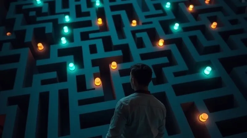 A photorealistic image of a person navigating a complex maze, with glowing markers representing various healthcare options and costs, symbolizing the challenge of planning for medical expenses, cinematic lighting.