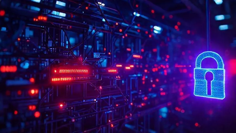 A photorealistic, professional photography, 8K, cinematic lighting, sharp focus, depth of field, shot on a high-end DSLR image of a complex digital network with glowing red data packets representing threats, being intercepted by a strong, blue digital firewall. The scene conveys a sense of constant vigilance and protection against evolving cyber threats.