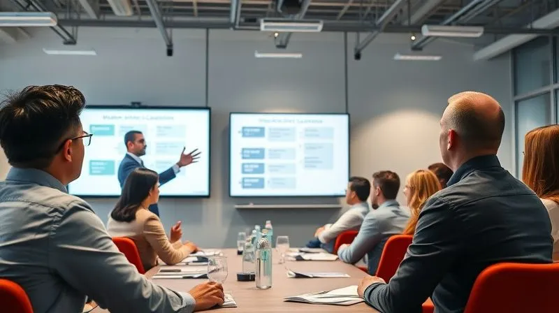 A photorealistic, professional photography, 8K, cinematic lighting, sharp focus, depth of field, shot on a high-end DSLR, showing a diverse group of professionals in a modern, brightly lit conference room, attentively participating in a training session on compliance. A presenter gestures towards a screen displaying a flowchart or checklist related to worker classification, emphasizing clear communication and education within a corporate setting.