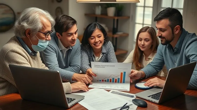 photorealistic, professional photography, 8K, cinematic lighting, sharp focus, depth of field, shot on a high-end DSLR, a multi-generational family (grandparents, parents, young adults) gathered around a table, looking at financial documents and a laptop, with a senior family member pointing to a chart, conveying intergenerational financial education and collaborative wealth planning, a warm and trusting atmosphere.